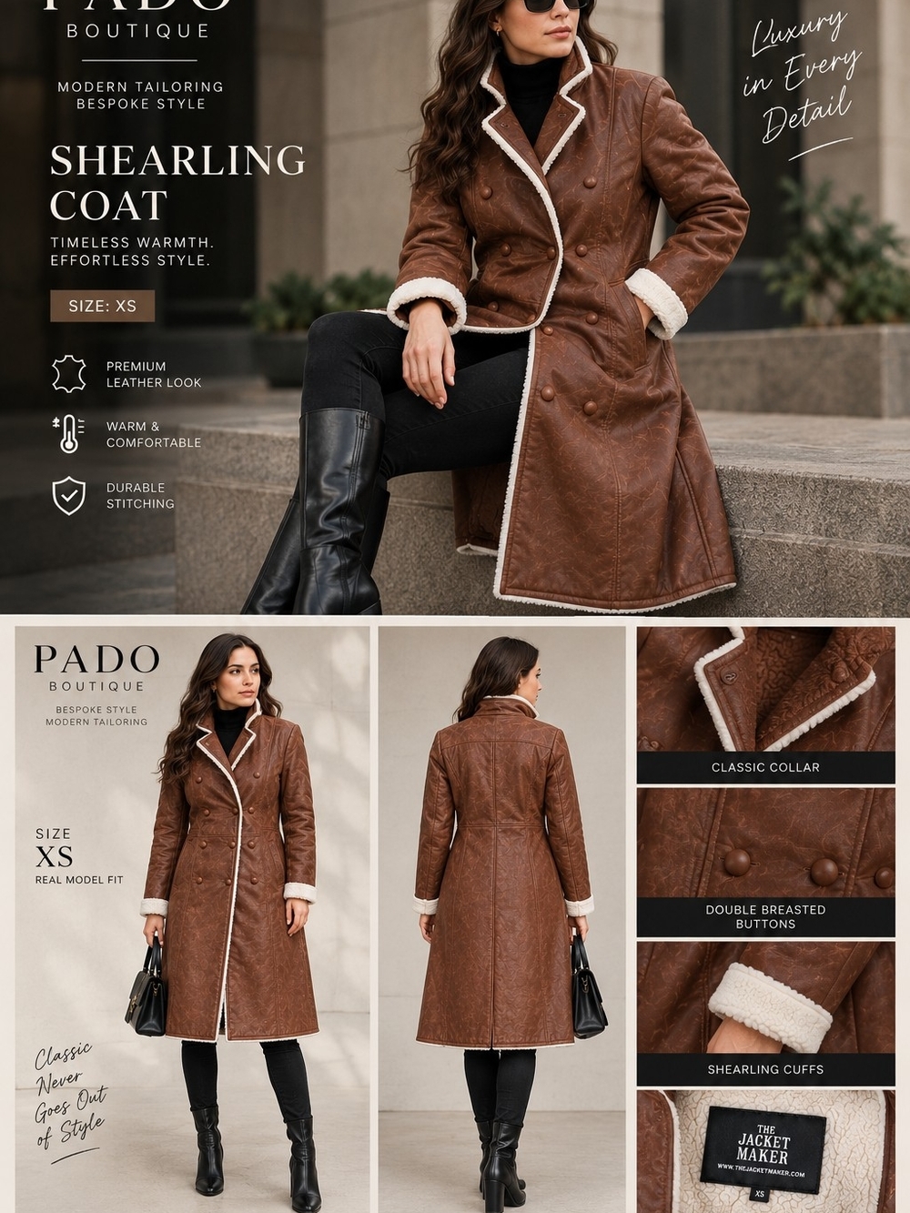 Brown Shearling-Trim Trench Coat